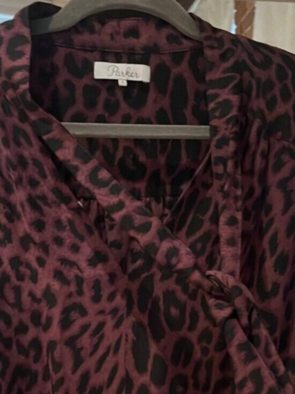Parker Black Purple Leopard Print Long Sleeve Ruffle Mini Dress S - Picture 5 of 6